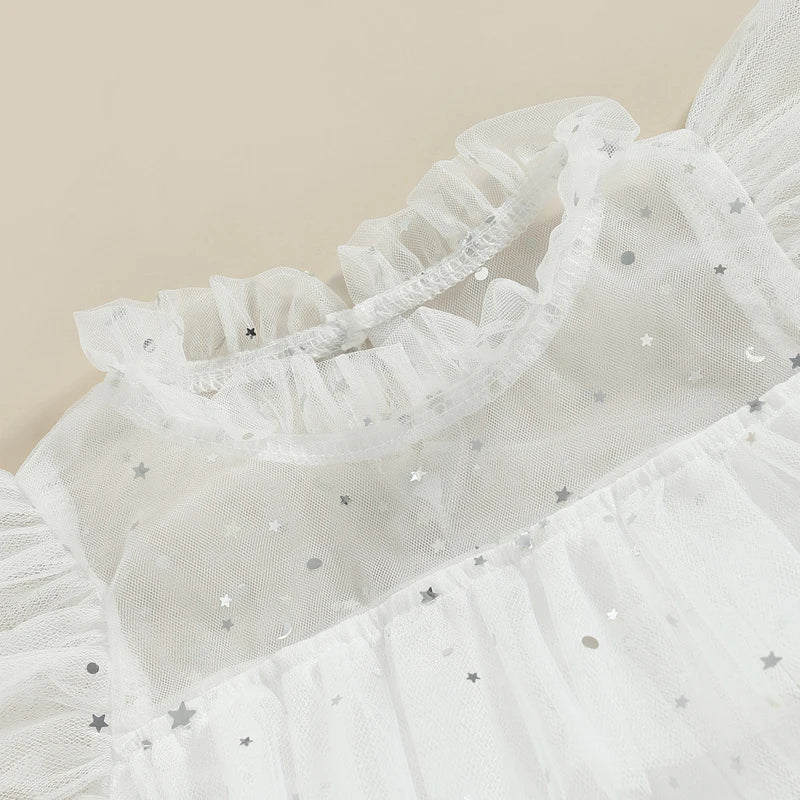 Toddler Kids Girls Dress Stars Moon Sequins Fly Sleeve Princess Dress Ruffles Tulle Dress