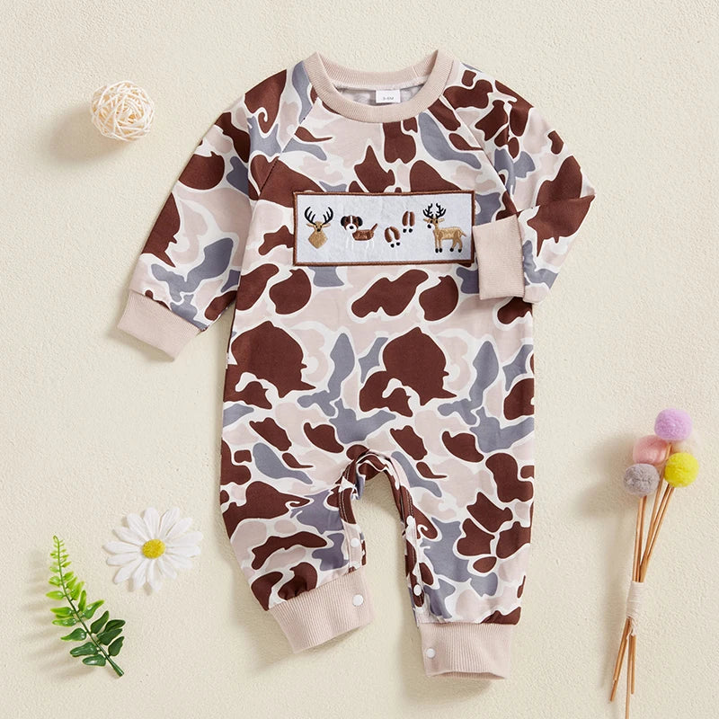 Baby Boy Camouflage Dog Reindeer Embroidered Long Sleeve Sweatshirt Jumpsuit Romper