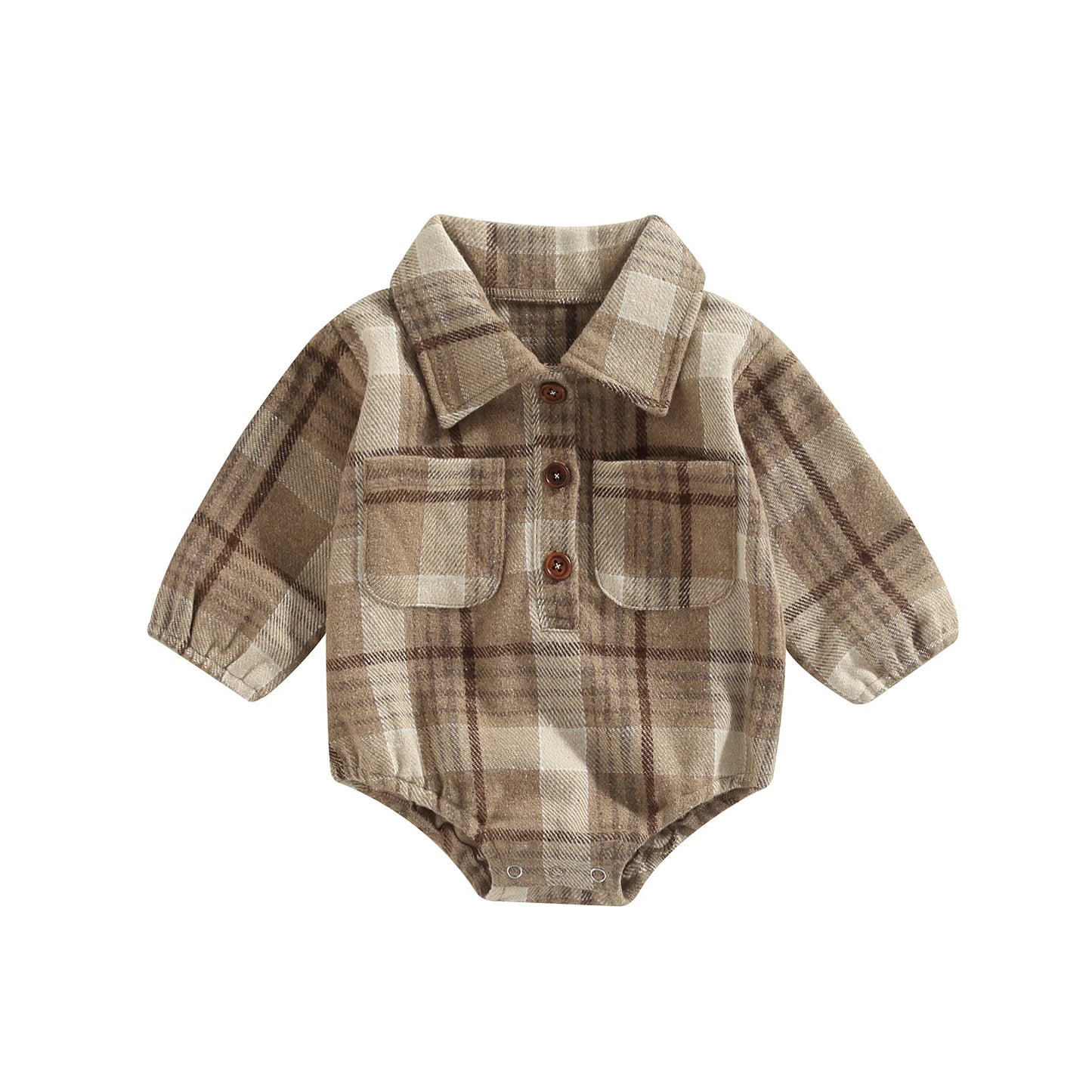 Baby Boy Button Up Long Sleeve Vintage Plaid Pattern Romper with Pockets
