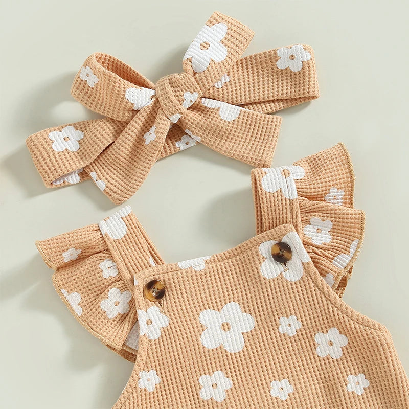 Infant Baby Girl Suspender Jumpsuit Set Floral Print Ruffled Flying Sleeve Bodysuit Headband