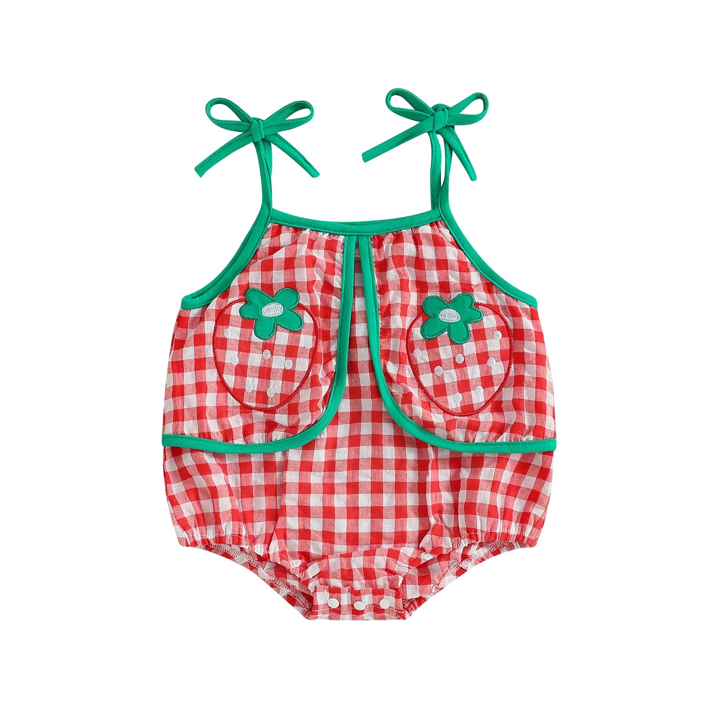 Baby Girl Summer Plaid Romper Sleeveless Flower Embroidery Strappy Shoulder Cami Jumpsuit