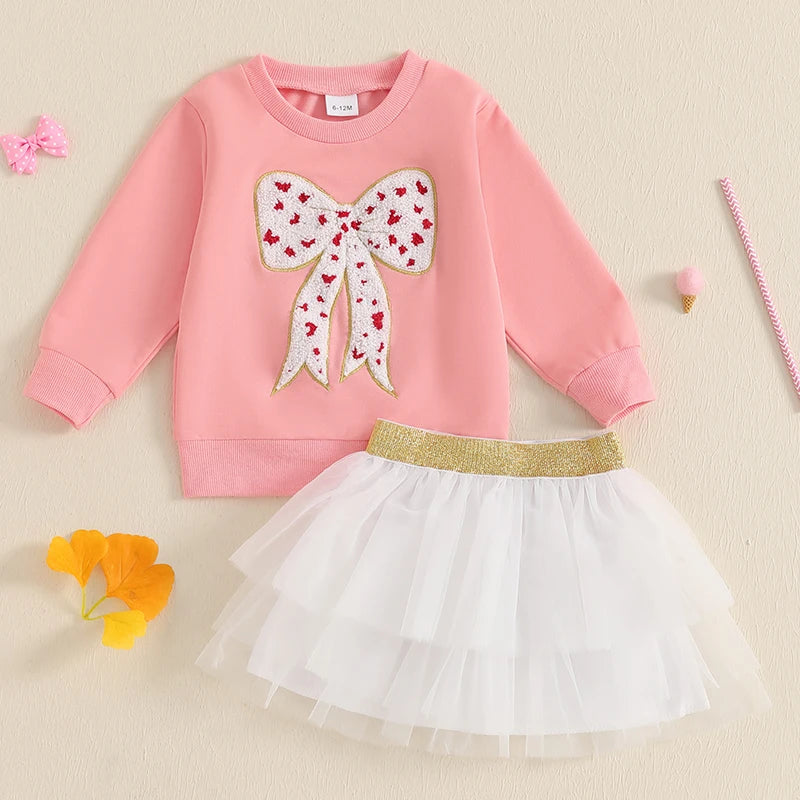 Girl Fall Outfit Bow Embroidery Long Sleeve Sweatshirt with A Line Tulle Skirt