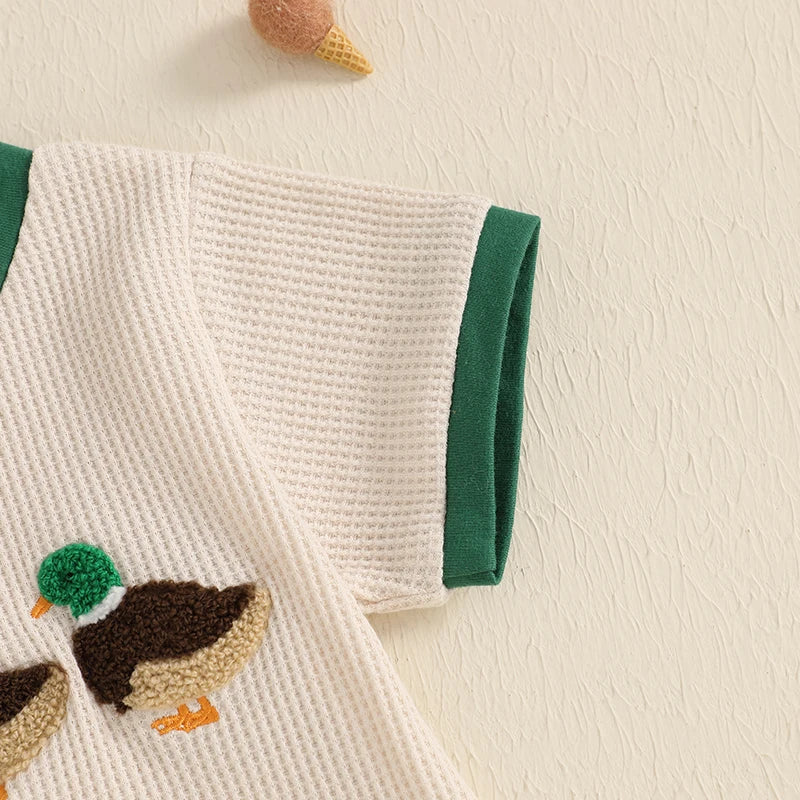 Boys Summer Shorts Sets Short Sleeve O Neck Duck Embroidery Tops and Drawstring Shorts Sets