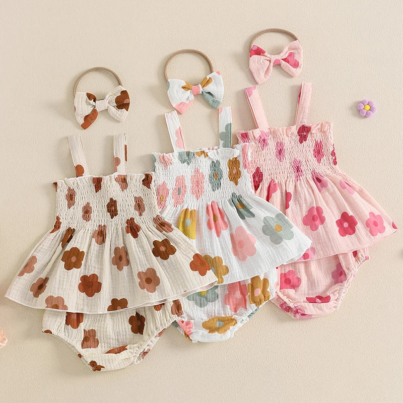 Baby Girl Summer Clothes Floral Print Suspender Smocked Tank Tops + Elastic Waist Shorts + Bow Headband 3Pcs Set