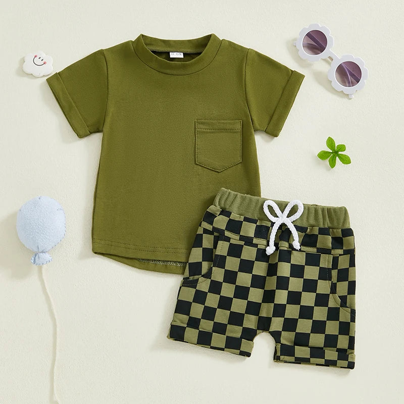 Toddler Baby Boy Summer Outfits Solid Color Short Sleeve T-shirt Checkered Shorts 2Pcs Set