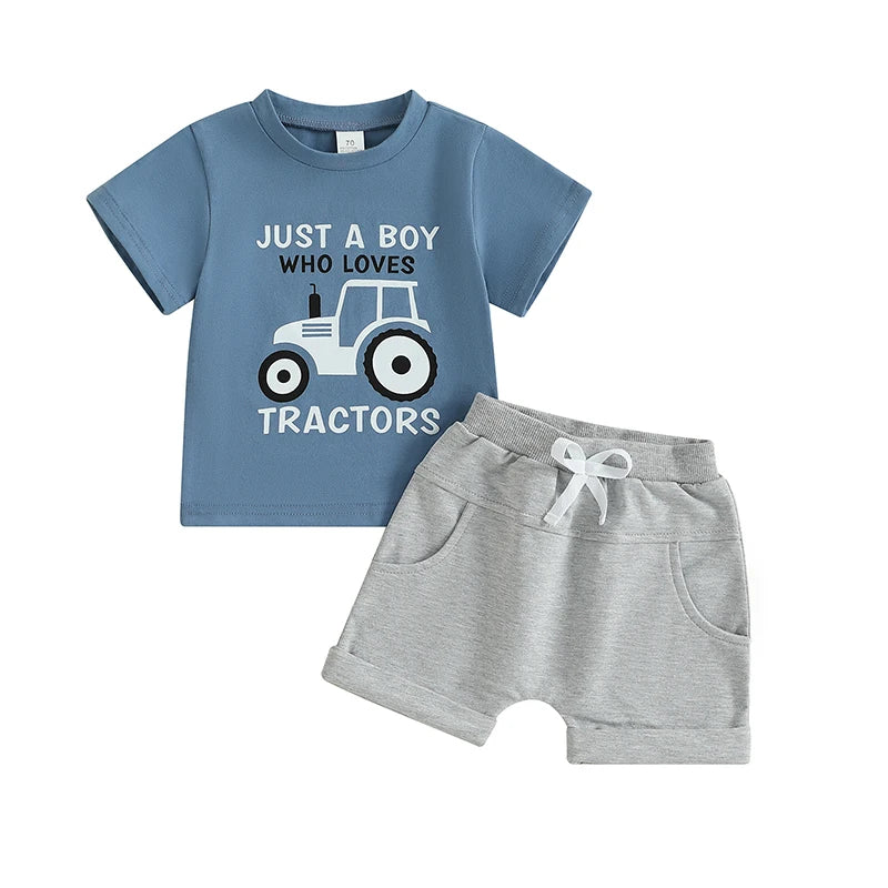 Toddler Boy Summer Outfits Tractor Letter Print Round Neck Short Sleeve Tops with Solid Shorts Outfit