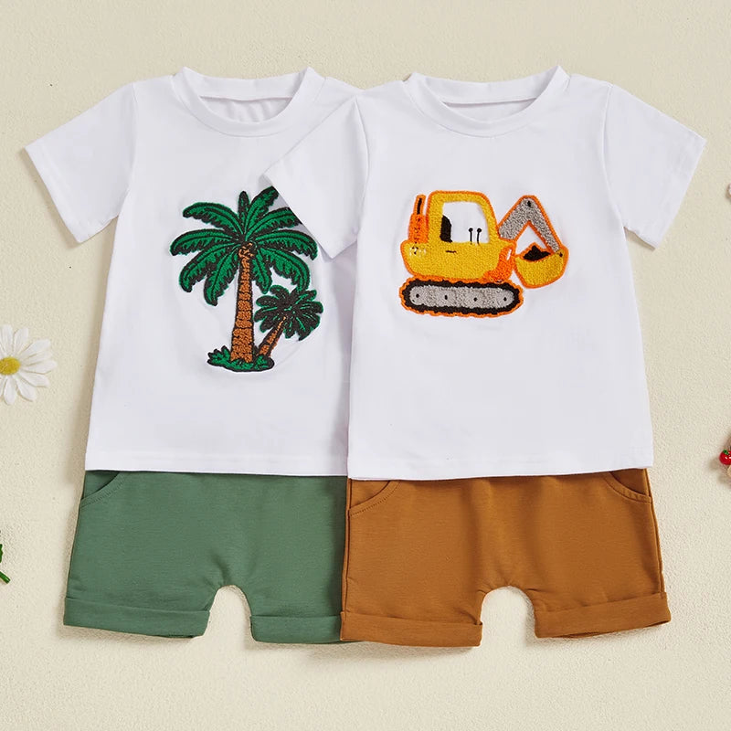 Toddler Boy Summer Outfit Tree/Excavator Embroidered Short Sleeve Round Neck T-Shirt +Solid Shorts 2Pcs Set