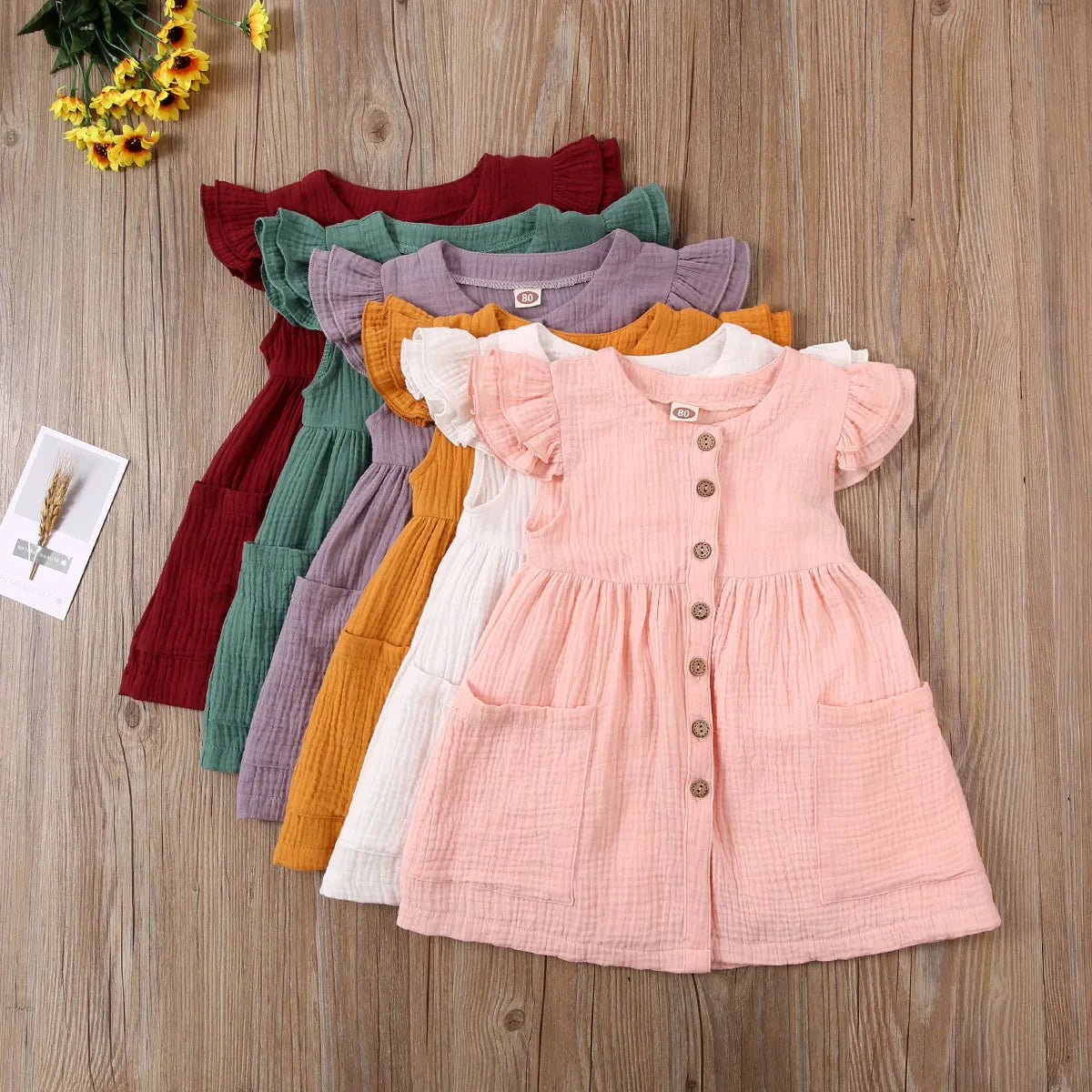 Toddler Kid Baby Girl Summer Dress Ruffles Sleeves Cotton Button Pocket Dress Sundress Clothes