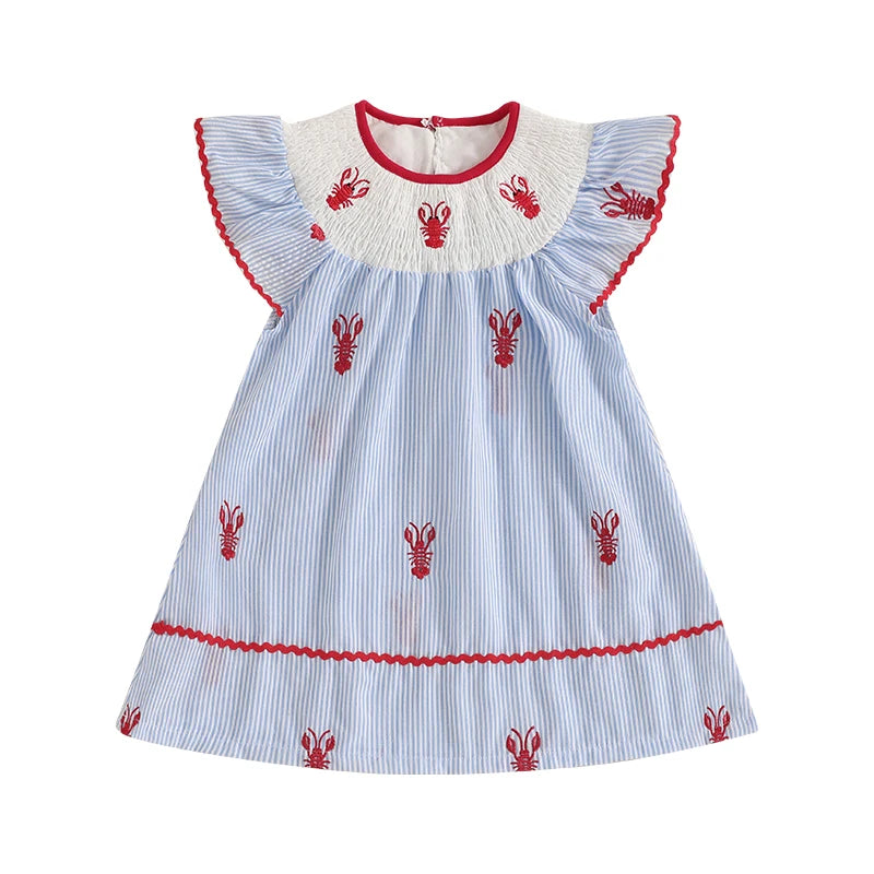 Girls Summer Casual Mini Dress Lobster Embroidery Striped Print Ruffles O-neck Party A-line Dress