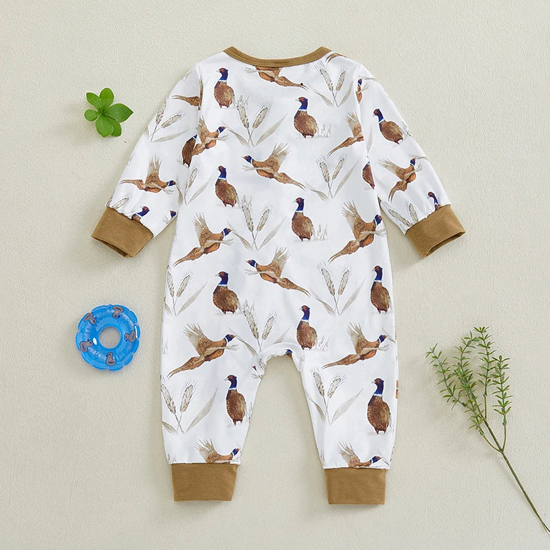 Baby Boys Romper Bird Pattern Zipper Closure Long Sleeve Crew Neck Jumpsuit