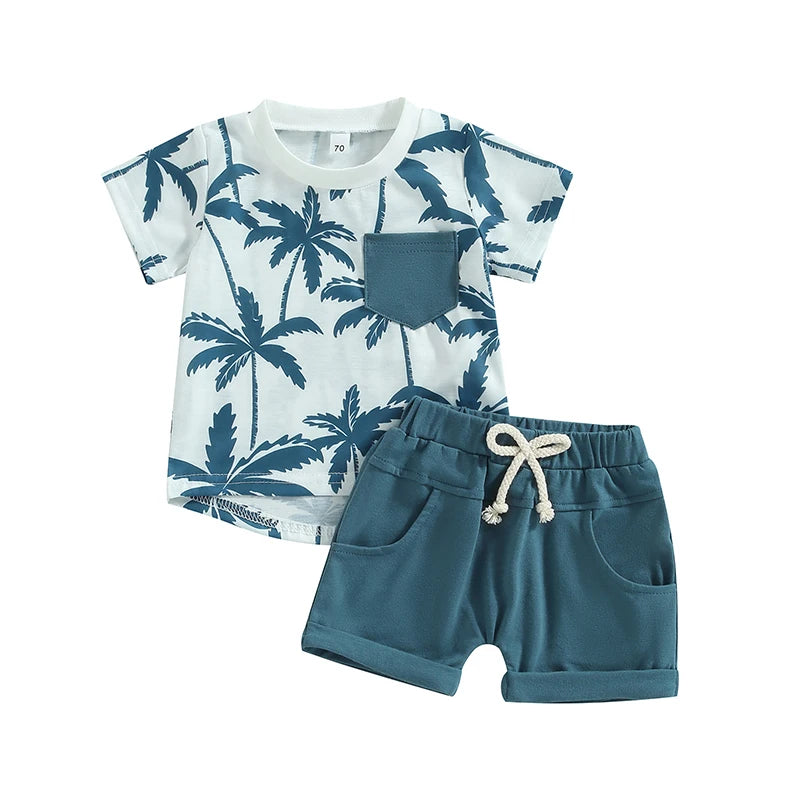 Toddler Baby Boy 2Pcs Summer Clothes Beach Tree Print Short Sleeve Crew Neck T-Shirts Shorts