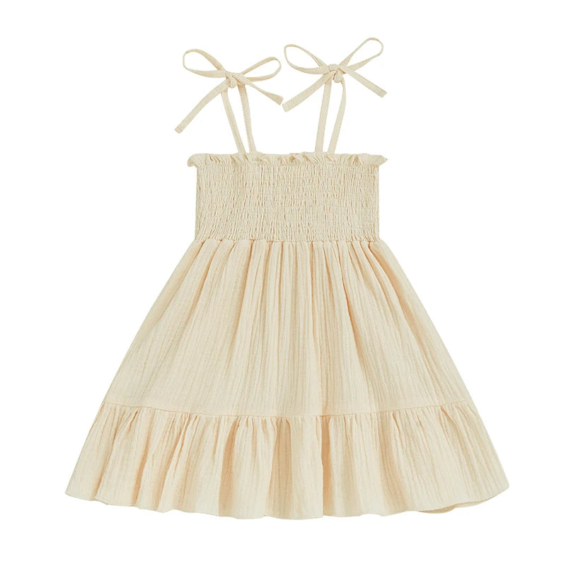 Little Girl Tie Shoulder Dress Solid Smocked Spaghetti Strap Tiered Ruffled Dress Cute Summer Clothes