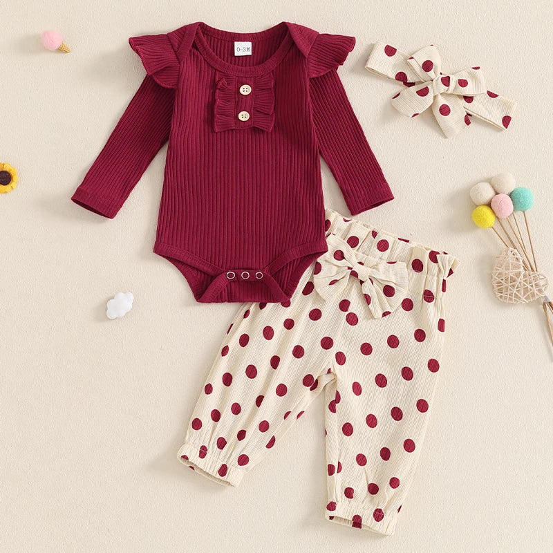 Baby Girl Fall Outfits Solid Color Crew Neck Long Sleeve Romper Dot Print Long Pants Headband 3Pcs Set