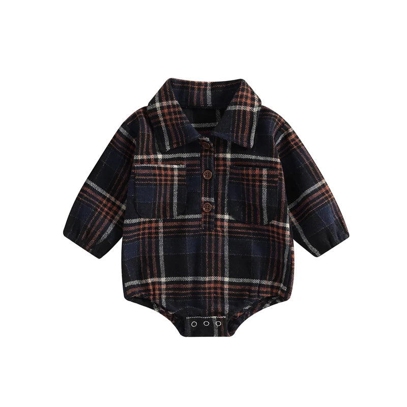 Baby Boy Button Up Long Sleeve Vintage Plaid Pattern Romper with Pockets