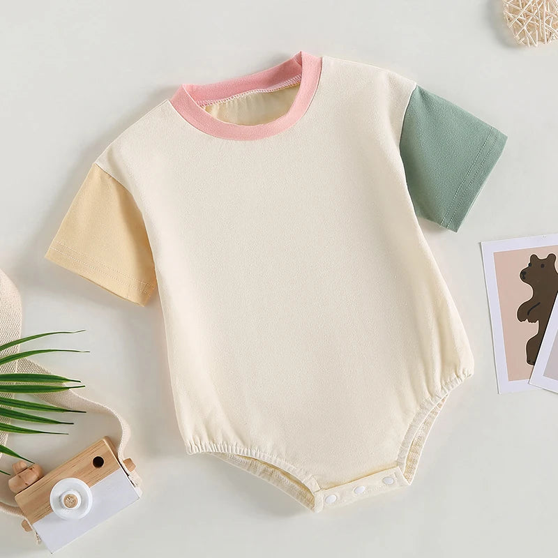 Baby Boys Girls Summer Romper Short Sleeve O Neck Contrast Color Playsuit 2Styles