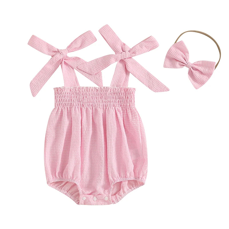 Baby Girl Plaid Print Romper Sleeveless Tie Strap Smocked Jumpsuit with Bow Headband