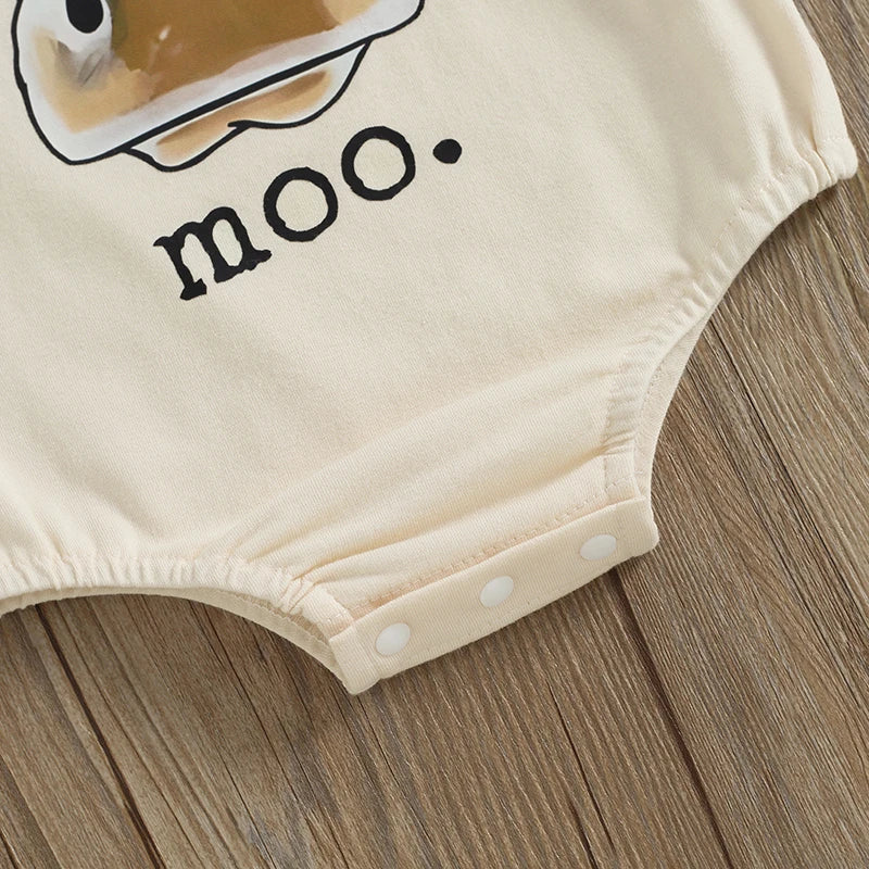 Baby Short Sleeve Crew Neck Cow Head "Moo" Print Bodysuit