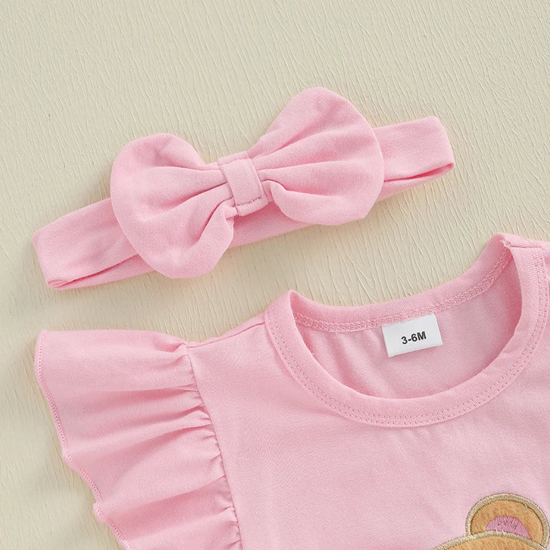 Baby Girls Shorts Set Short Sleeve Bear Cow Romper Elastic Waist Shorts with Hairband