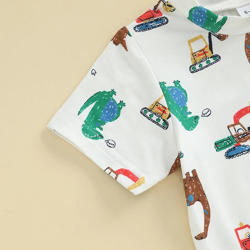 Toddler Boy Dinosaur Shorts Set Round Neck Short Sleeve Tops Pockets Elastic Waistband Short Outfit