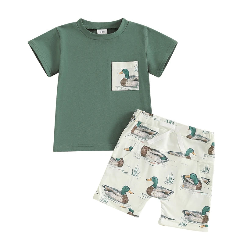 Toddler Baby Boy Duck Outfit Short Sleeve T-shirts Elastic Waist Shorts Farm Clothes Summer Set