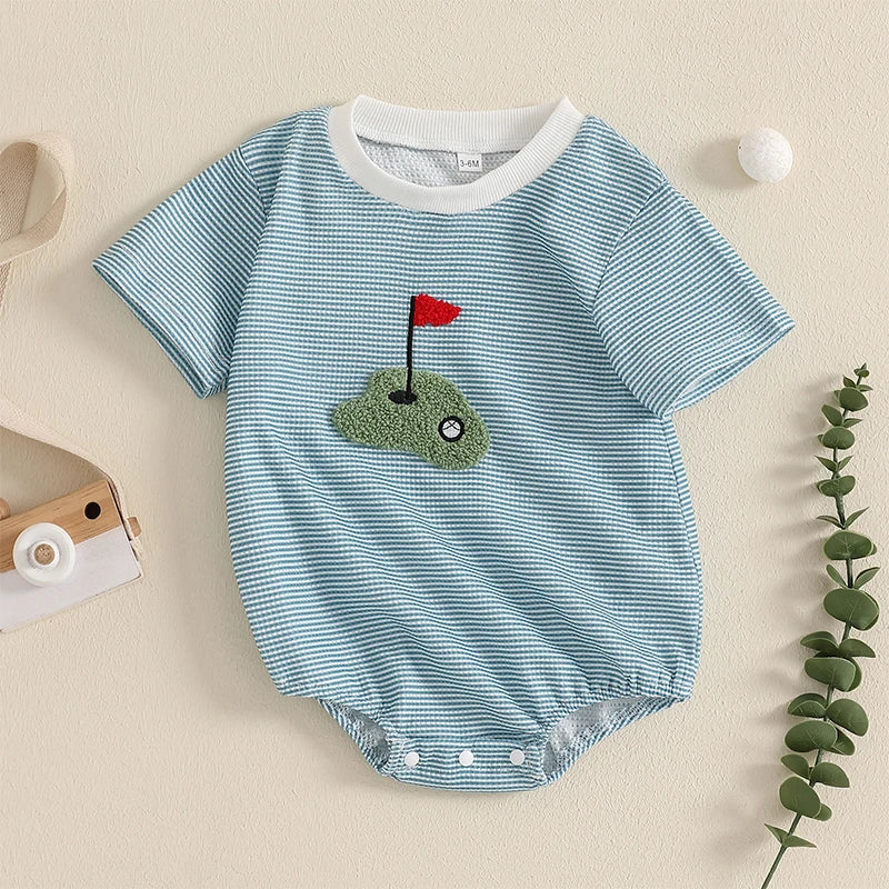 Newborn Baby Boy Summer Romper Short Sleeve Round Neck Stripes Print Bodysuit Playsuit