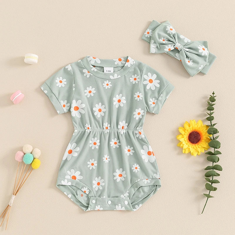 Summer Infant Baby Girls Rompers Short Sleeve O Neck Floral Jumpsuit with Headband