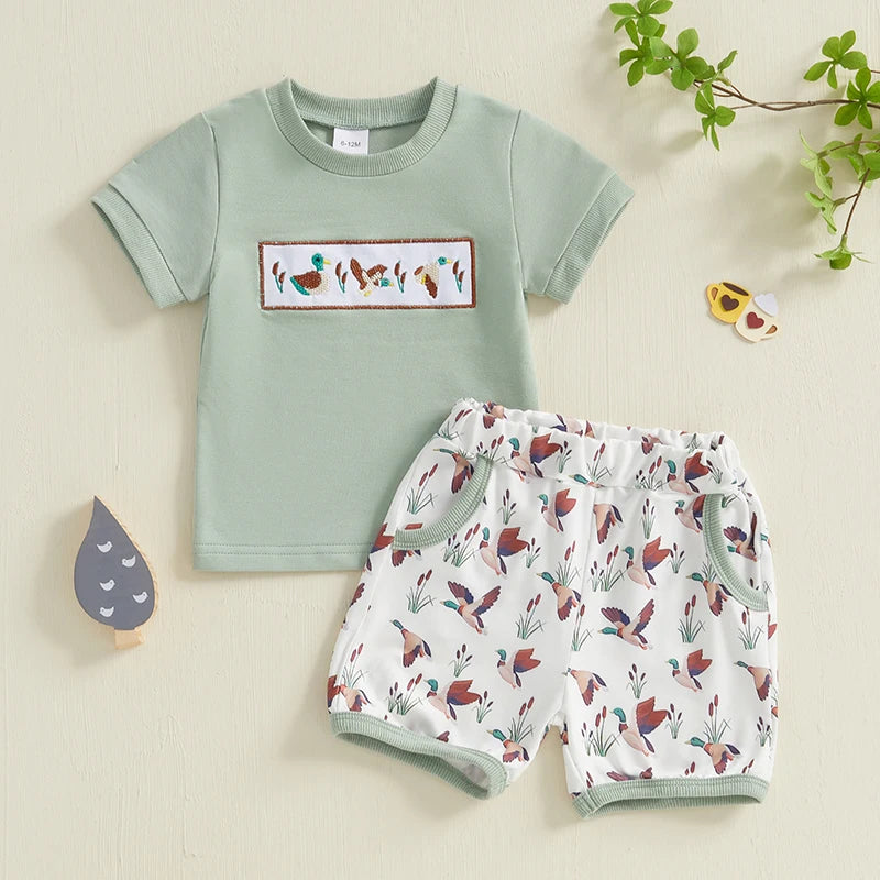 Toddler Baby Boys Summer Outfits Duck Embroidery Short Sleeves T-Shirt and Elastic Camouflage Shorts Clothes Set