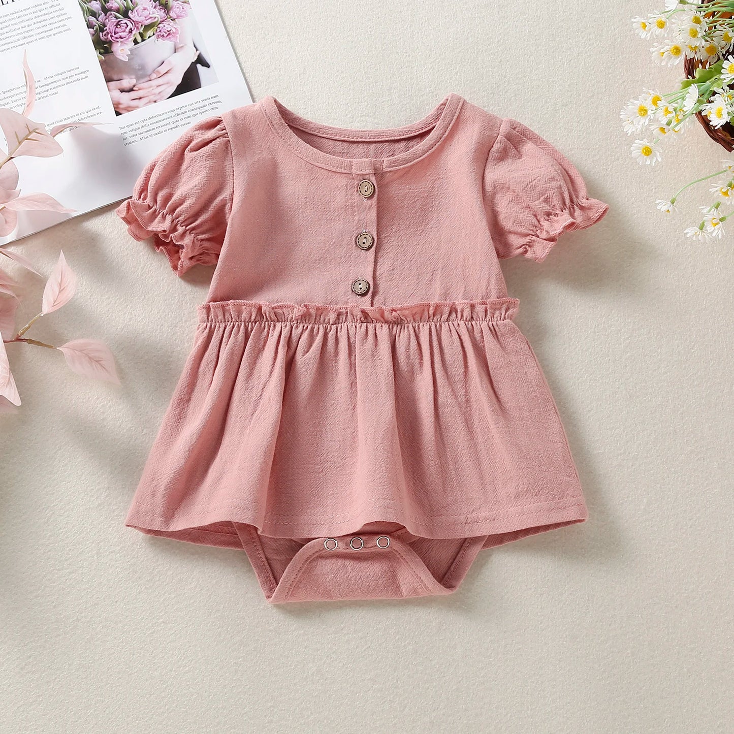 Newborn Girl Short Sleeve Romper Solid Button Round Neck Patchwork Dress Style Playsuit Simple Bodysuit