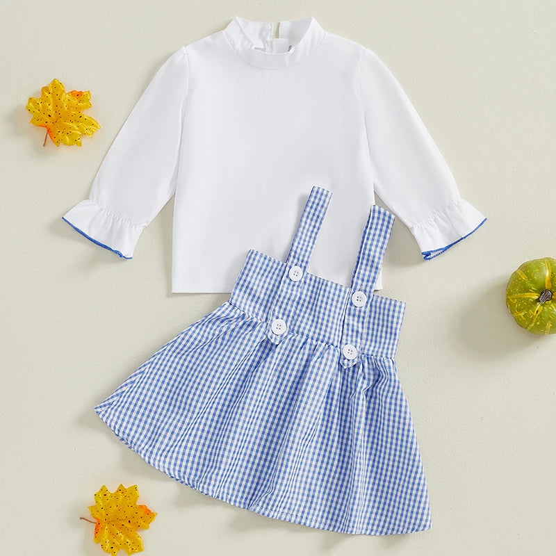 Kids Girls 2 Piece Outfit, Long Sleeve T-shirt with Plaid A-line Overall Dress Fall Outfit