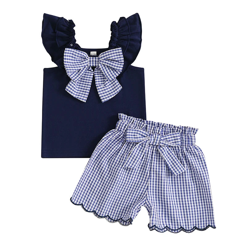 Toddler Girl Summer Clothes Sleeveless Ruffled Tank Tops + Bow Decor Plaid Print Shorts 2Pcs Set