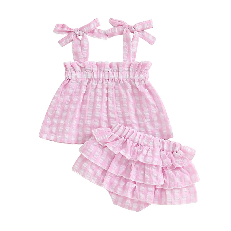 Baby Girl Summer Outfit Plaid Tie-Up Straps Sleeveless Tank Tops Elastic Waist Shorts 2Pcs Clothes Set