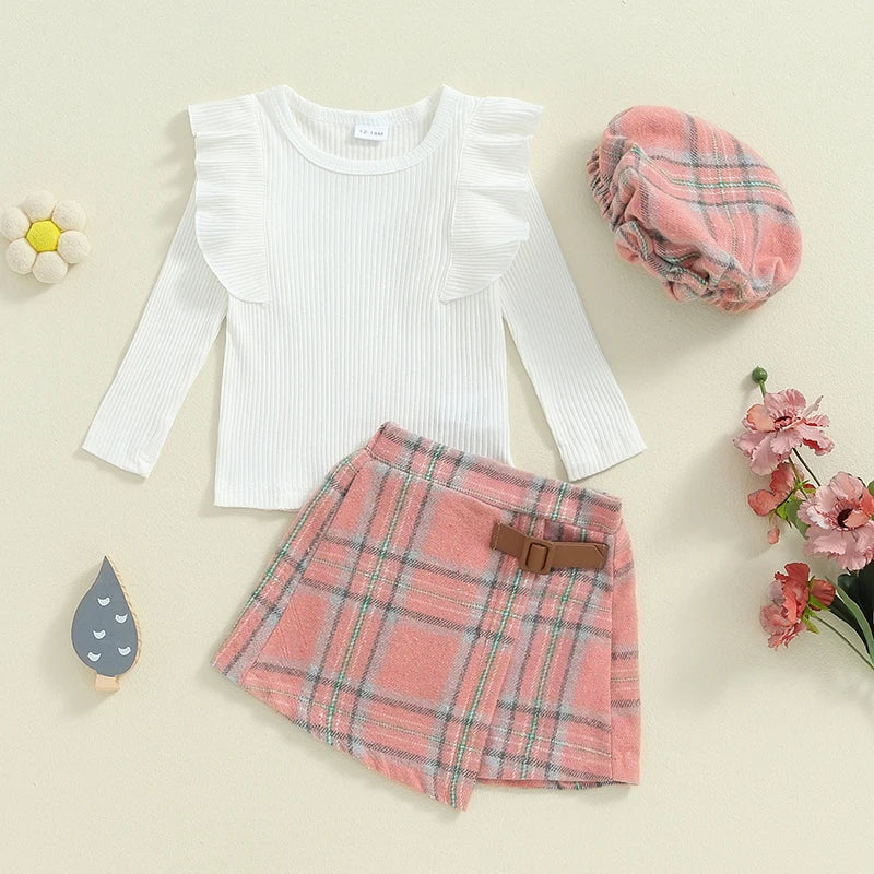 Toddler Girl Fall Outfits Solid Color Ribbed Knit Ruffles Crew Neck Long Sleeve Tops Plaid Skirts Hat Set