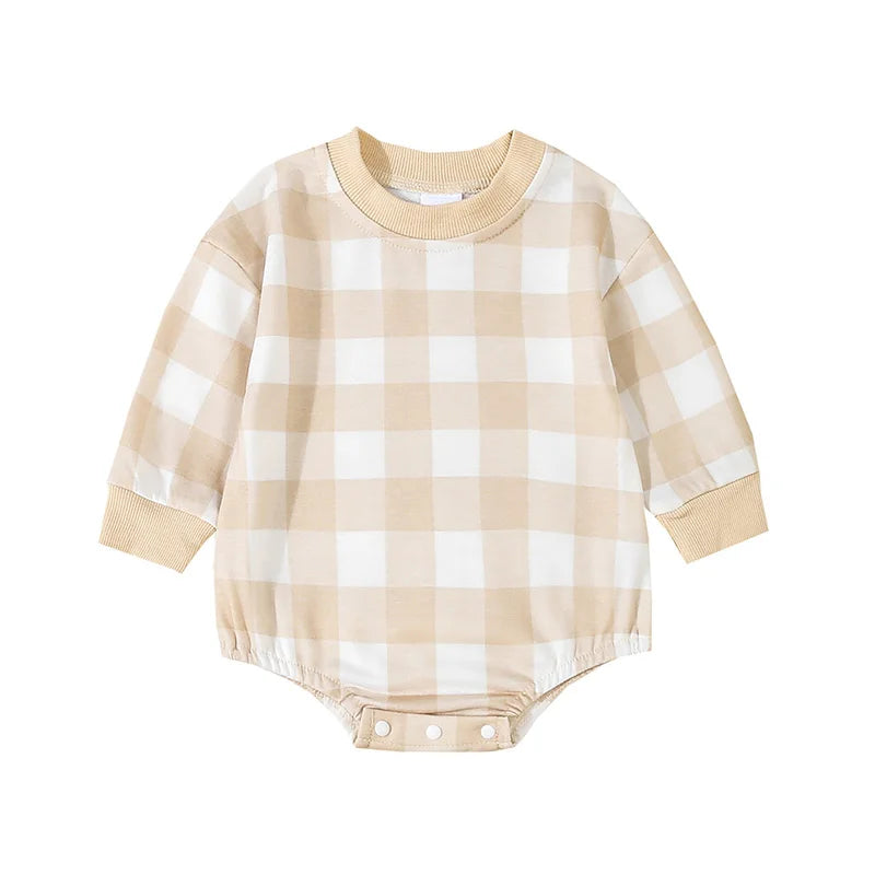 Baby Boys Sweatshirt Romper Plaid Long Sleeve Bodysuit Jumpsuit