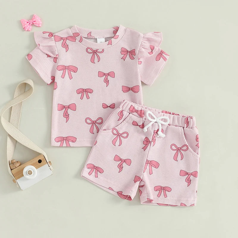 Toddler Girl Summer Clothes Bow Print Short Sleeve O-Neck T-Shirt with Elastic Waist Shorts Waffled Set