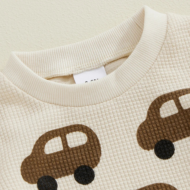 Baby Boy Track Suit Car Print Waffle Long Sleeve Sweatshirt and Elastic Pants 2 Piece Outfits for Toddler