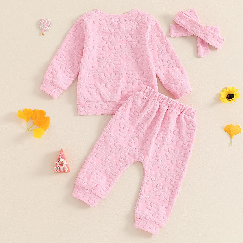 Toddler Girl Fall Outfit Daisy Embroidery Long Sleeve Sweatshirt with Elastic Waist Pants Headband Set