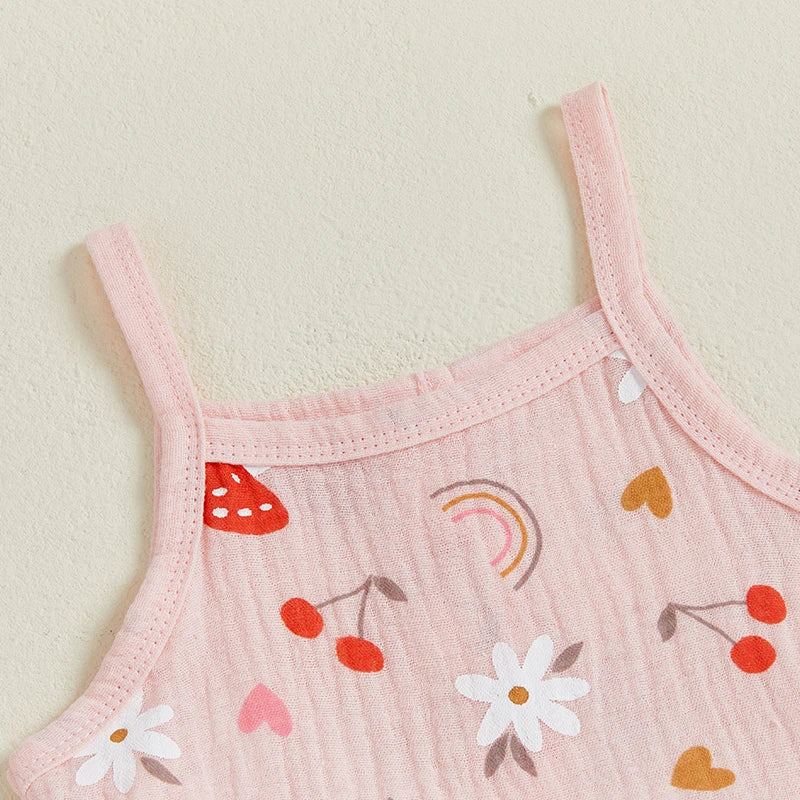 Toddler Baby Girl Summer Outfit Fruit Flower Print Ruffled Trim Sleeveless Top and Wide Leg Pants 2Pcs Set