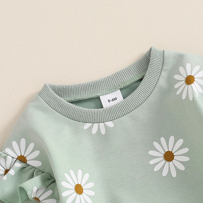 Toddler Girl Fall Outfit Daisy Print Long Sleeve Sweatshirt with Elastic Waist Pants 2 Pcs Set