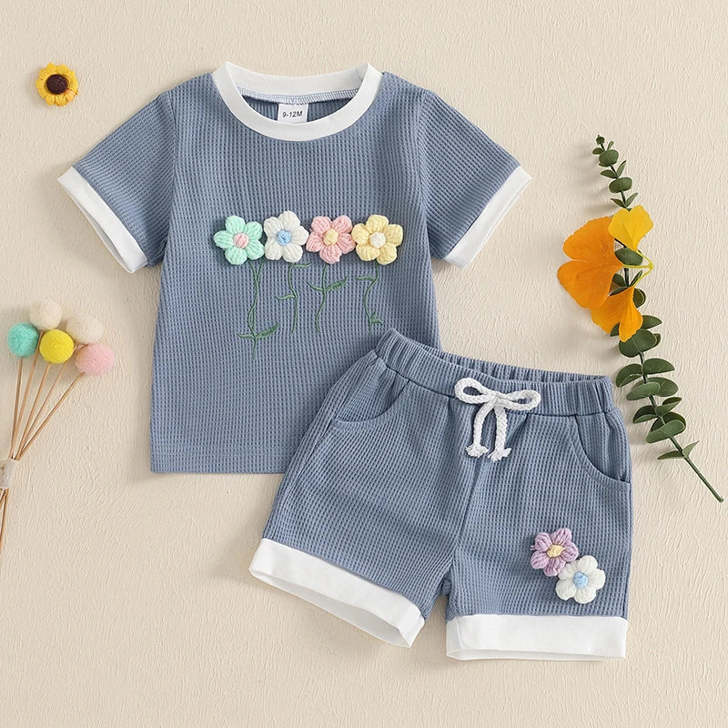 Toddler Girl Summer Waffled Clothes 3D Flower Short Sleeve Round Neck Tops Elastic Waist Shorts Outfit
