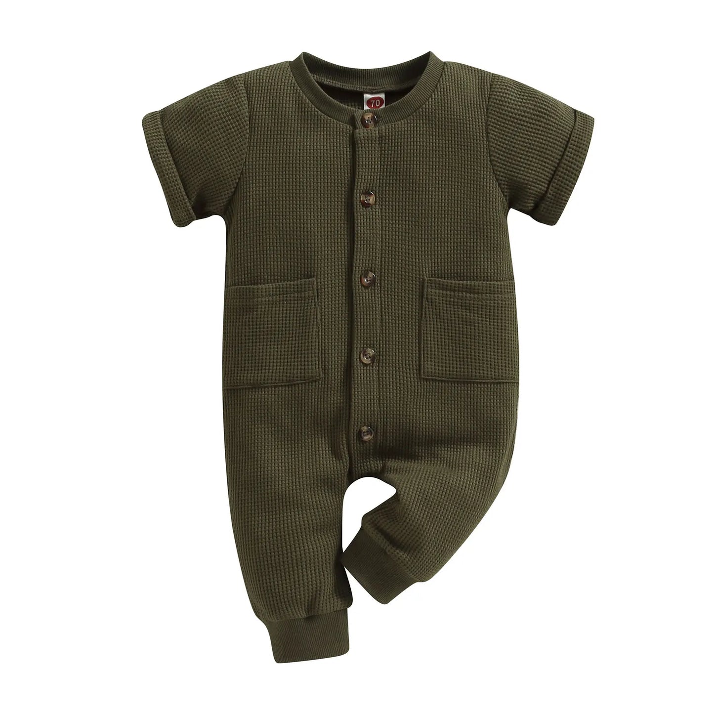 Baby Boys Jumpsuit Solid Color Short Sleeve O Neck Button Down Romper with Pockets