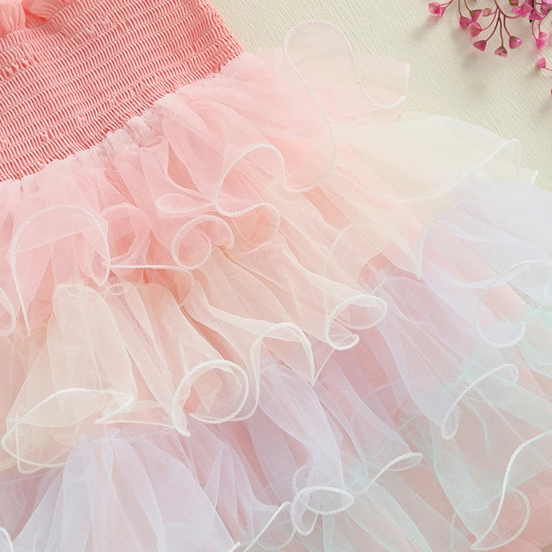 Baby Kids Girls Slip Dress Sleeveless Contrast Color Layered Summer A-line Dress Tulle Princess Dress