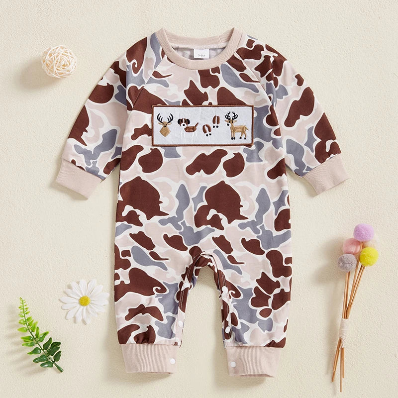 Baby Boy Camouflage Dog Reindeer Embroidered Long Sleeve Sweatshirt Jumpsuit Romper