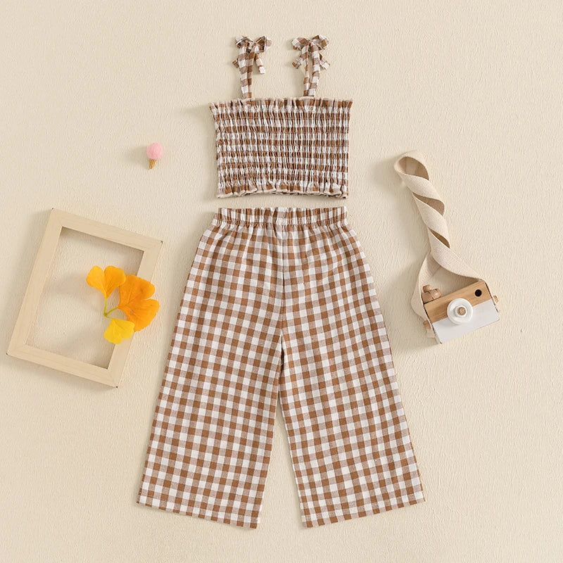 Toddler Baby Girl 2Pcs Summer Outfits Sleeveless Plaid Print Cami Tops + Pants Set Clothes
