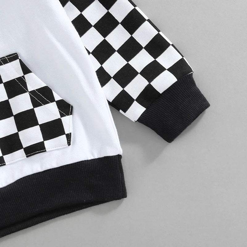 Girl Boy Outfit 2Pcs Set Plaid Long Sleeve Hoodie with Pockets Elastic Drawstring Waist Pants