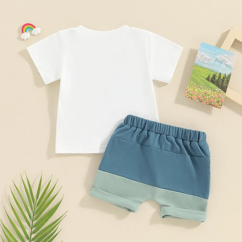 Toddler Boys Summer Outfits Letter Print Short Sleeve T-Shirts Tops and Elastic Waist Contrast Color Shorts Set