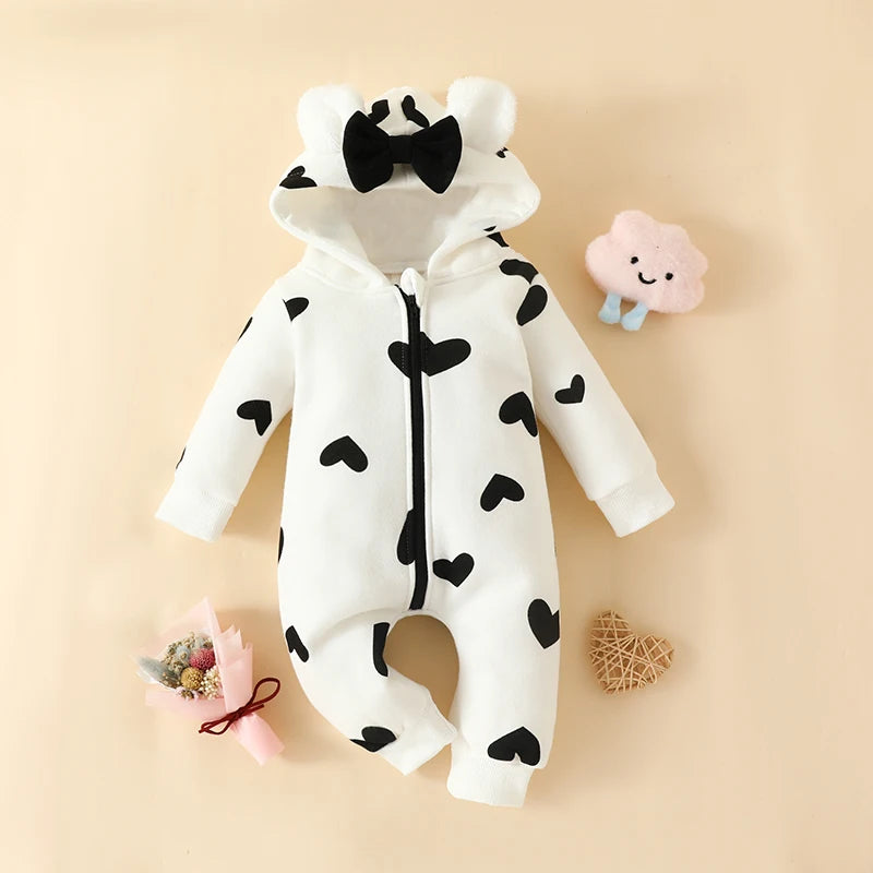 Newborn Baby Girls Boys Romper Fleece Footie Long Sleeve Hooded Zipped Heart Cow Pattern Jumpsuit