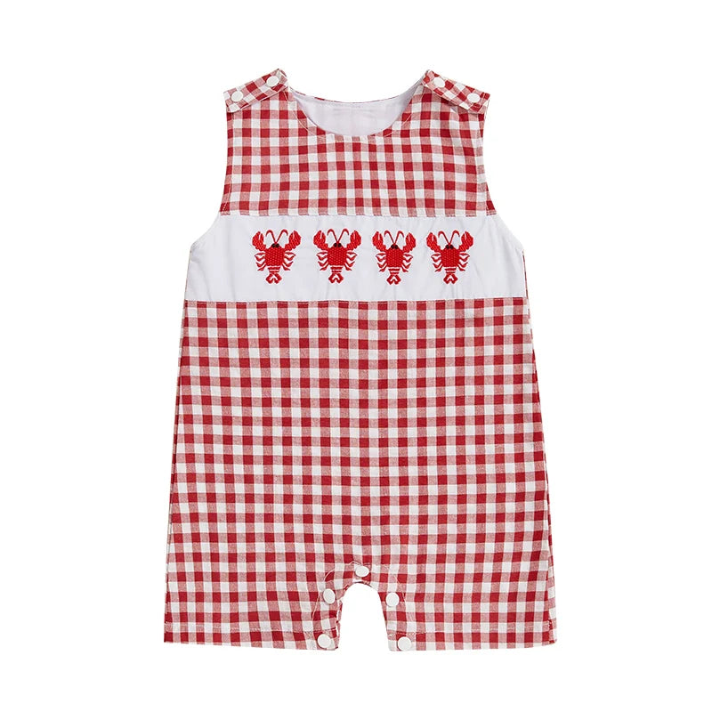 Baby Boys Romper Animal Embroidery Plaid Sleeveless Crew Neck Jumpsuit Summer Overalls