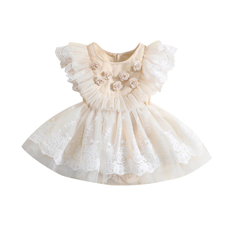 Baby Girls Dress Fly Sleeve Crew Neck Flower Lace Tulle Patchwork A-line Romper Dress
