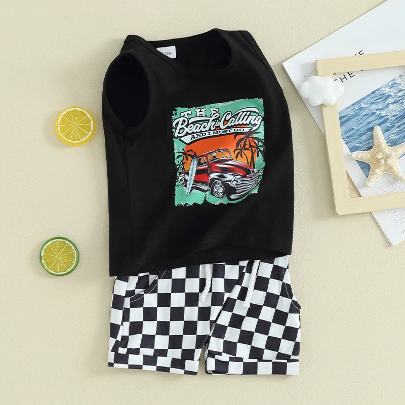 Toddler Boys Summer Outfits Letter Car Print Sleeveless Tank Tops and Checkerboard Elastic Waist Shorts Clothes Set