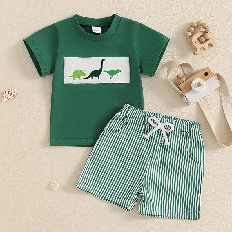 Toddler Baby Boy Shorts Set Whale/Dinosaur/Turtle Short Sleeve T-shirts Striped Elastic Waist Shorts Summer Outfit